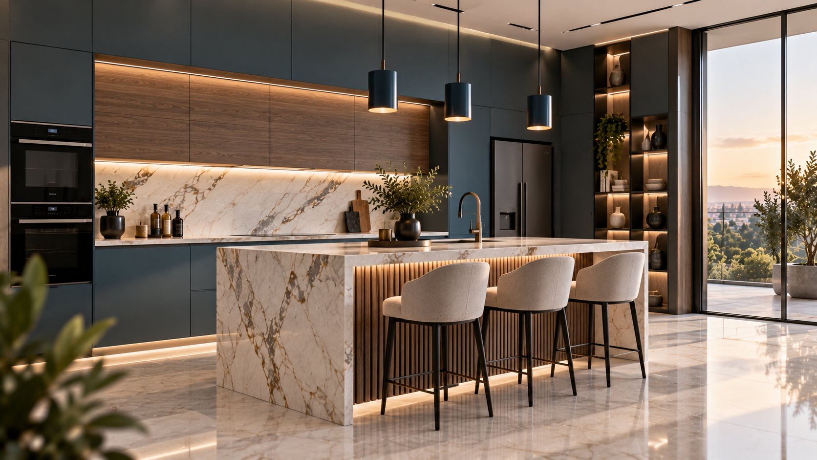 Inspiration de cuisine avec un îlot central, des façades sombres et des détails bois