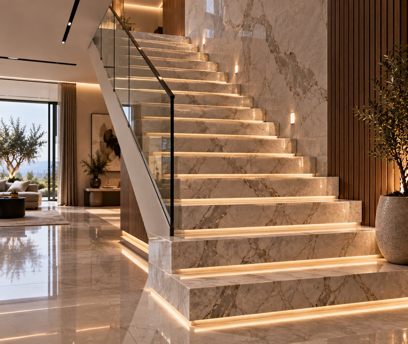 Inspiration d’escalier en marbre beige avec des veines naturelles