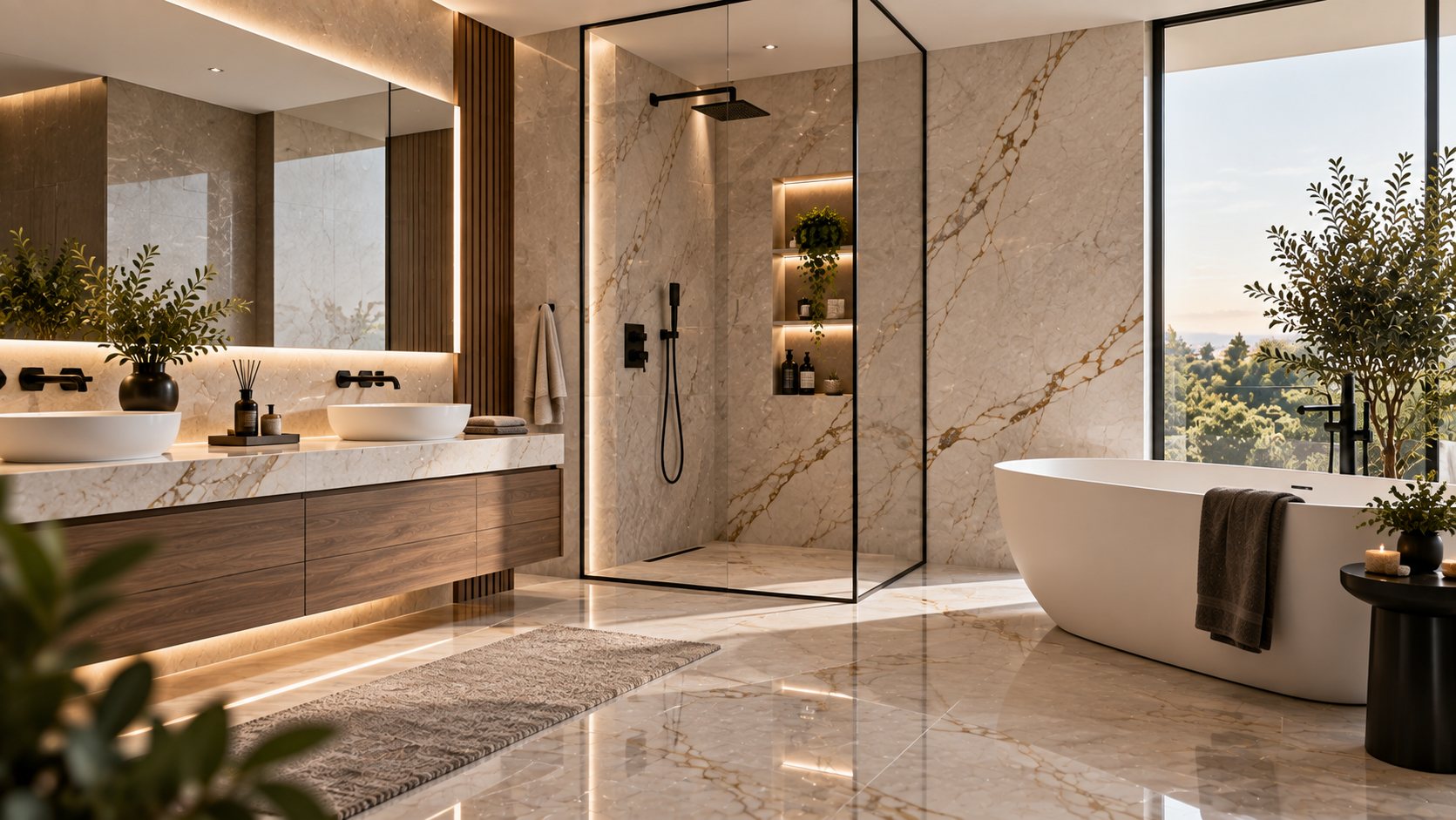 Inspiration de salle de bain avec des surfaces veinées claires